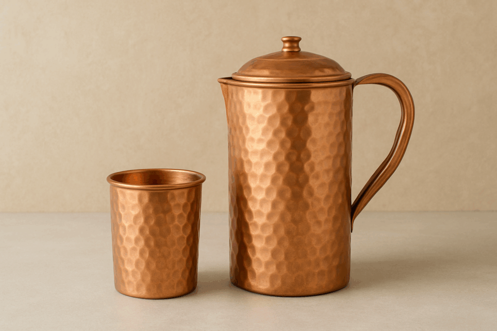 Traditional Indian hammered copper jug and glass set on neutral background – Ayurvedic drinkware no longer good for water storage and wellness.