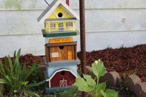 Eco-friendly Indian backyard with handmade birdhouse, natural landscaping, and non-toxic home decor for sustainable living