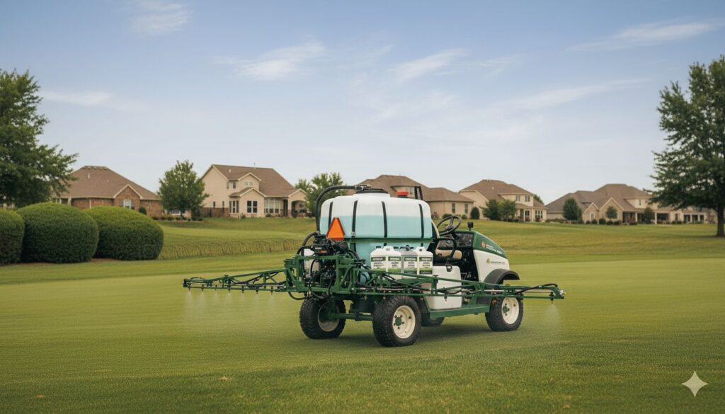 Golf course pesticide sprayer applying chemicals near residential homes showing family exposure risk