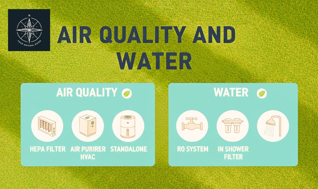 Air quality and water protection systems infographic showing HEPA filters, air purifiers, RO systems and shower filters for golf course neighbors