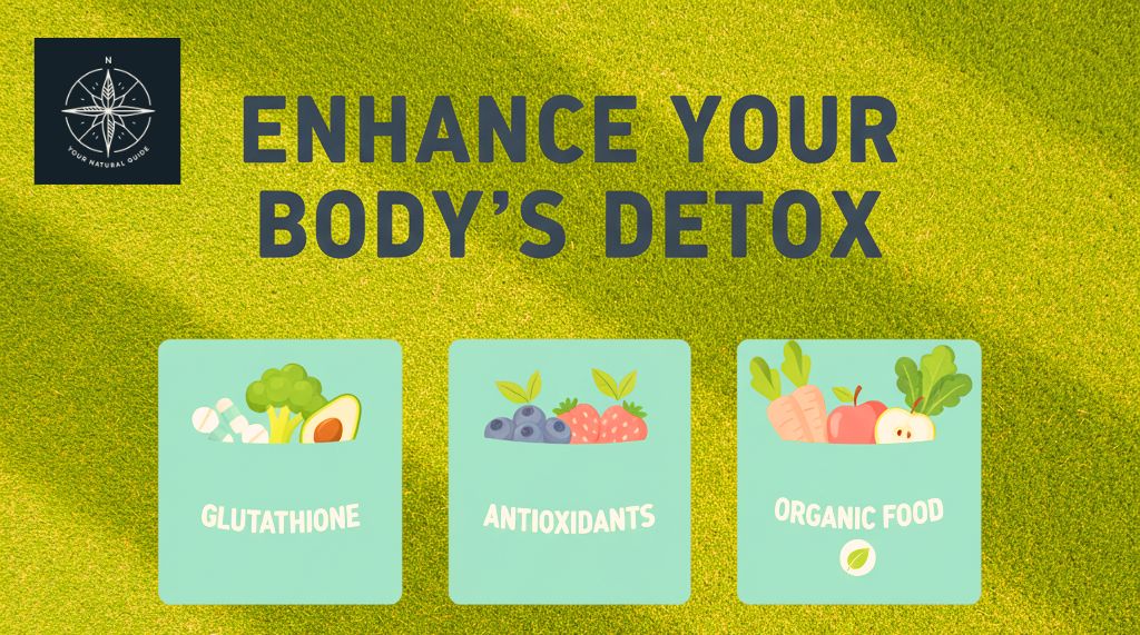 Natural detox enhancement guide showing glutathione supplements, antioxidant foods, and organic produce for pesticide elimination