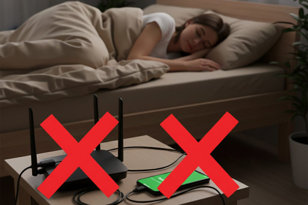 Woman sleeping next to WiFi router and phone, red X marks highlight EMF radiation risks during nighttime sleep