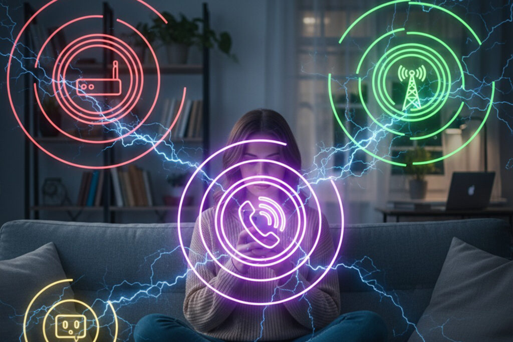 Young woman on sofa using phone, surrounded by EMF waves from WiFi router, cell tower, and power devices