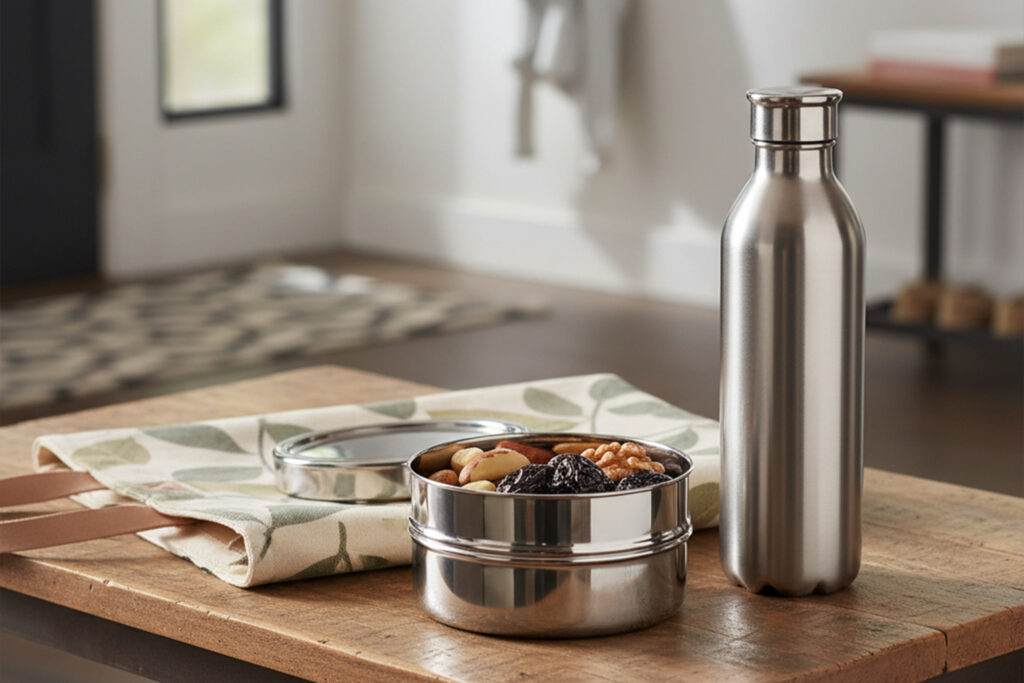 Stainless steel water bottle with nuts and prunes travel snacks - airplane wellness essentials for Indian travelers