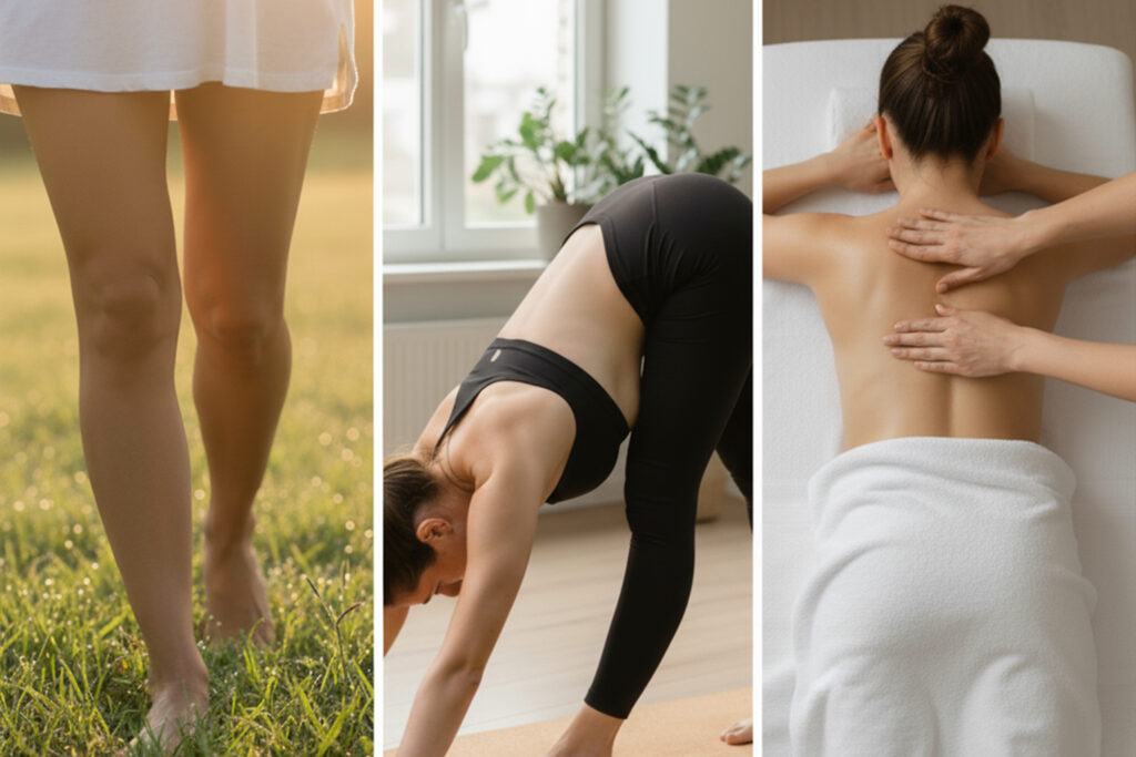 Post-flight recovery methods: barefoot grounding on grass, lymphatic yoga flow, and massage for natural travel wellness 