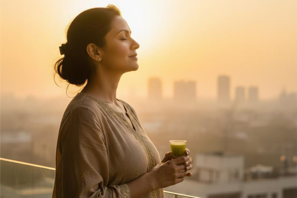 Indian woman drinking amla juice at sunrise on Delhi balcony for natural pollution protection during GRAP season