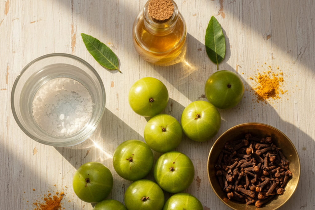 Fresh amla and cloves with salt water and ghee - natural anti-pollution kit for Delhi winters