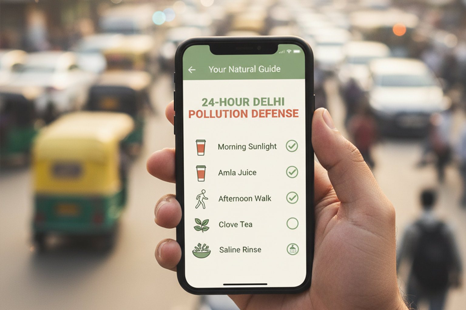 Natural remedies for Delhi air pollution - Your Natural Guide mobile app showing AQI defense routine checklist during smoggy traffic condition