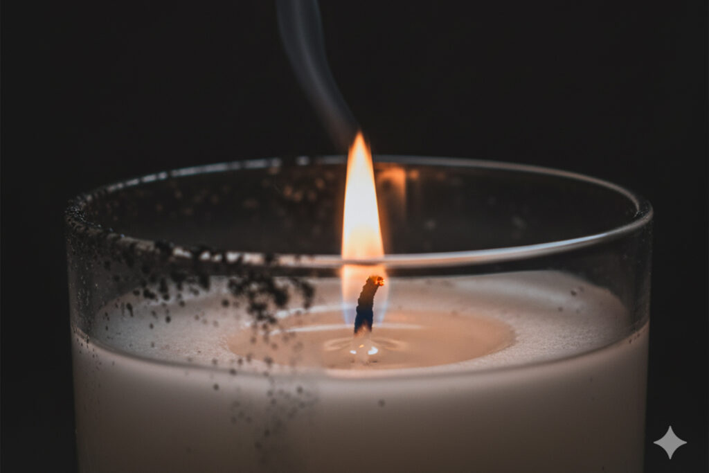 Black soot from burning paraffin candle showing toxic emissions