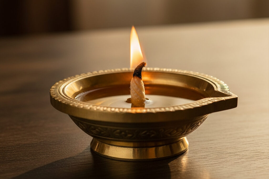 Traditional brass diya with ghee and cotton wick burning cleanly