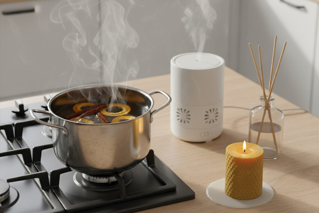 Natural home fragrance alternatives including essential oil diffuser, simmer pot, and beeswax candle