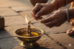 Hands lighting traditional brass diya with ghee at sunset for evening meditation ritual