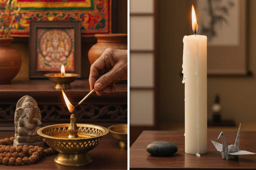 Indian diya and Japanese wa-rousoku candle showing cross-cultural fire meditation traditions