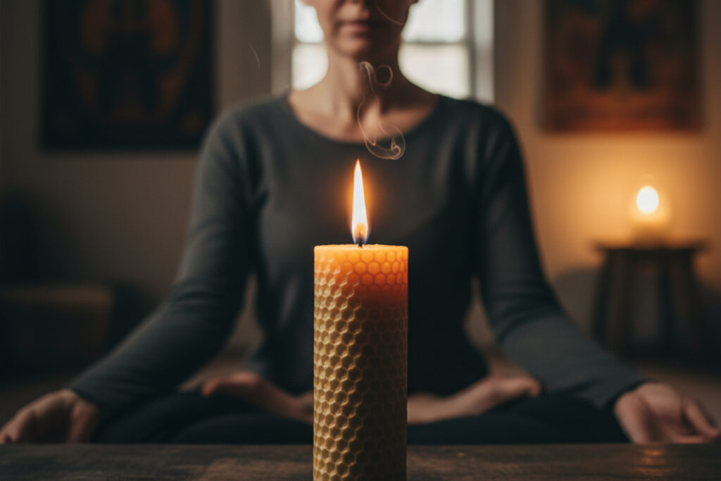 Person practicing tratak meditation by gazing at beeswax candle flame without blinking