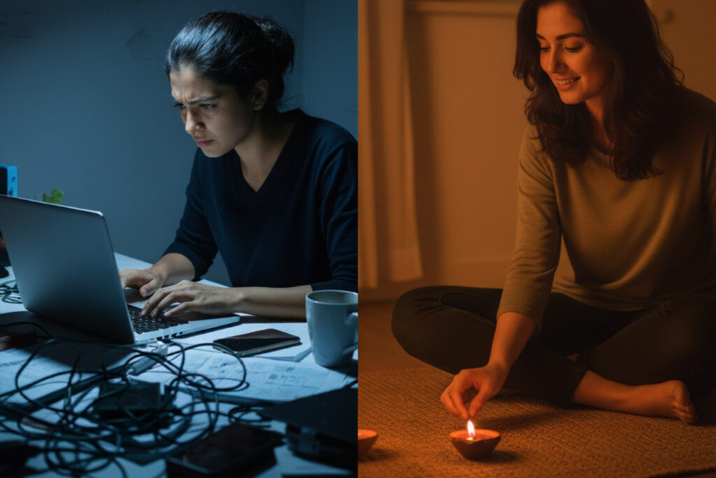 Comparison showing evening transition from work stress to peaceful diya lighting ritual