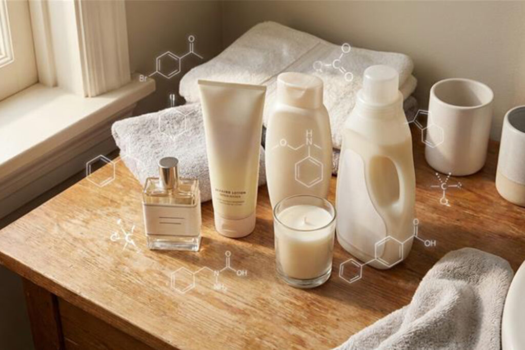 Fragrance products on bathroom counter with chemical overlay showing toxic ingredients linked to breast cancer and hormone disruption