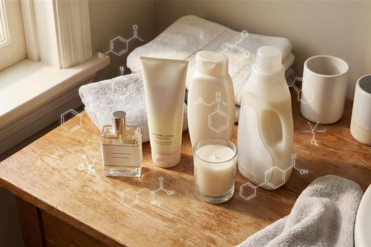 Fragrance products on bathroom counter with chemical overlay showing toxic ingredients linked to breast cancer and hormone disruption