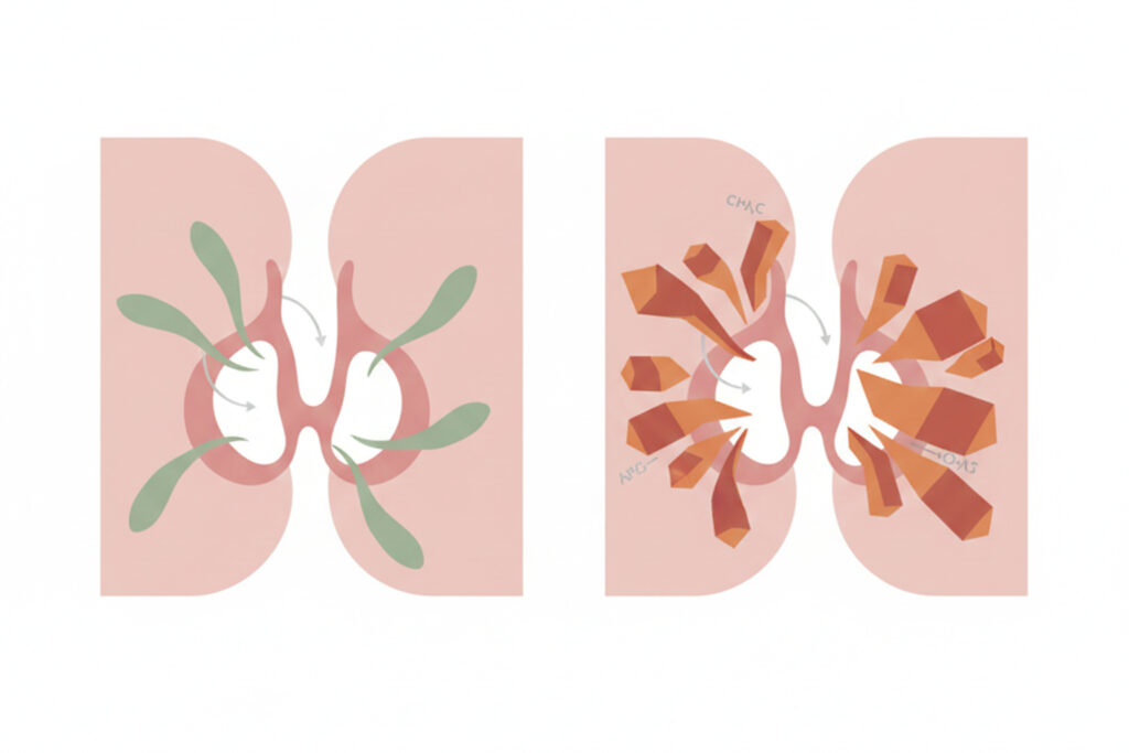 Split comparison illustration of healthy breast tissue with natural estrogen versus tissue with synthetic parabens and phthalates from fragrances binding to receptors