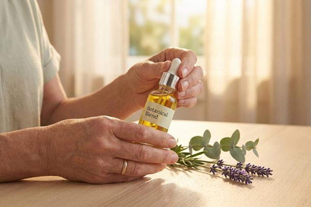 Hands holding glass dropper bottle of natural essential oils with fresh lavender on wooden table showing safe alternatives to synthetic fragrances