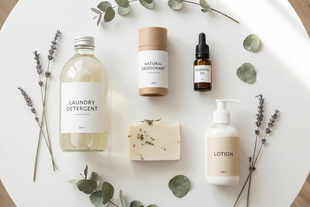 Top 5 fragrance-free product swaps for home detox: natural laundry detergent, aluminum-free deodorant, essential oils, natural soap, and paraben-free lotion with lavender