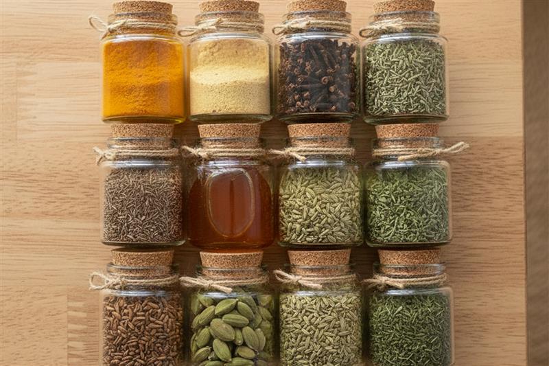 Ayurvedic medicine cabinet storage: organized glass spice jars with cork lids containing immunity boosting Indian herbs and spices