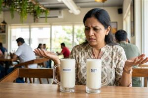 Indian woman confused choosing between indulgent and diet milkshakes showing mindset affects metabolism and health outcomes