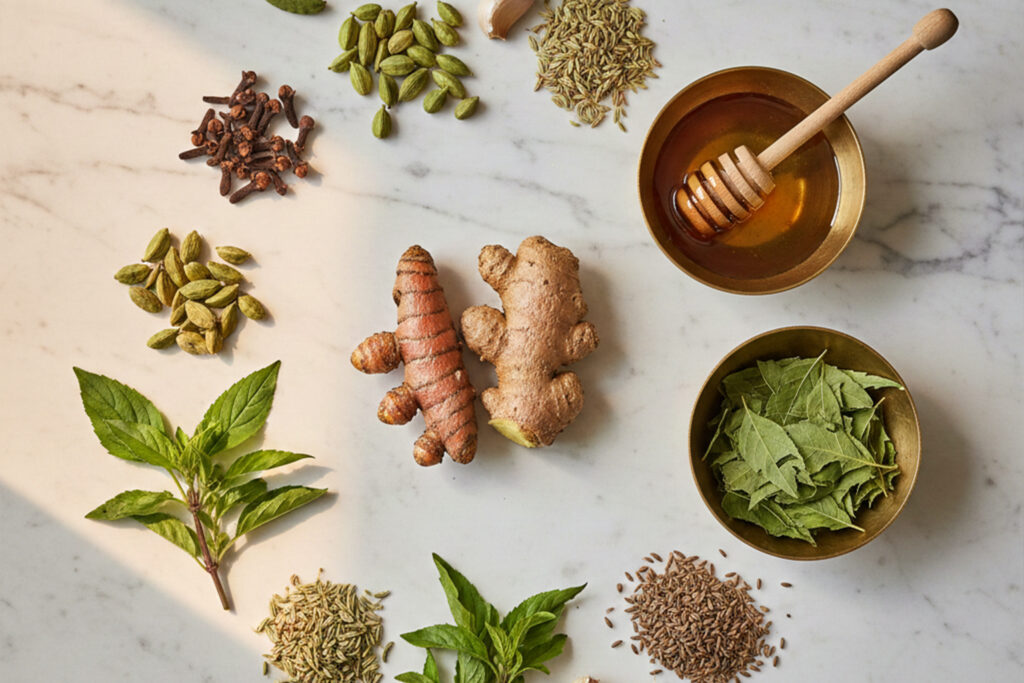 Indian kitchen spices and Ayurvedic herbs including turmeric ginger cloves cardamom fennel seeds tulsi and honey for natural home remedies