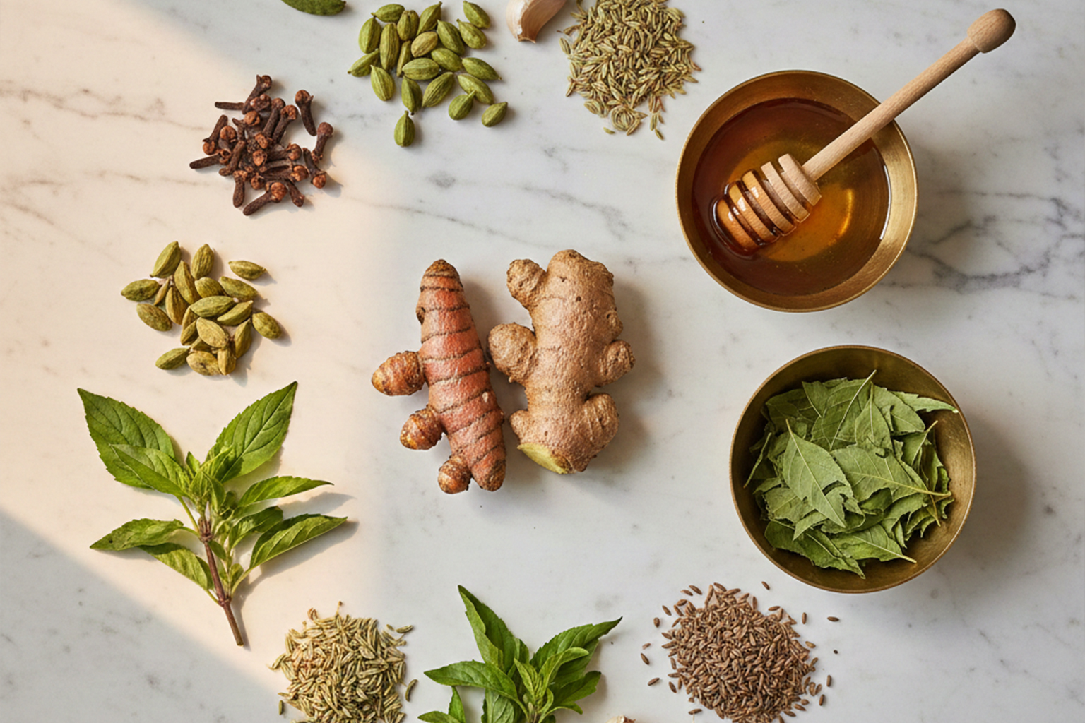 Indian kitchen spices and Ayurvedic herbs including turmeric ginger cloves cardamom fennel seeds tulsi and honey for natural home remedies