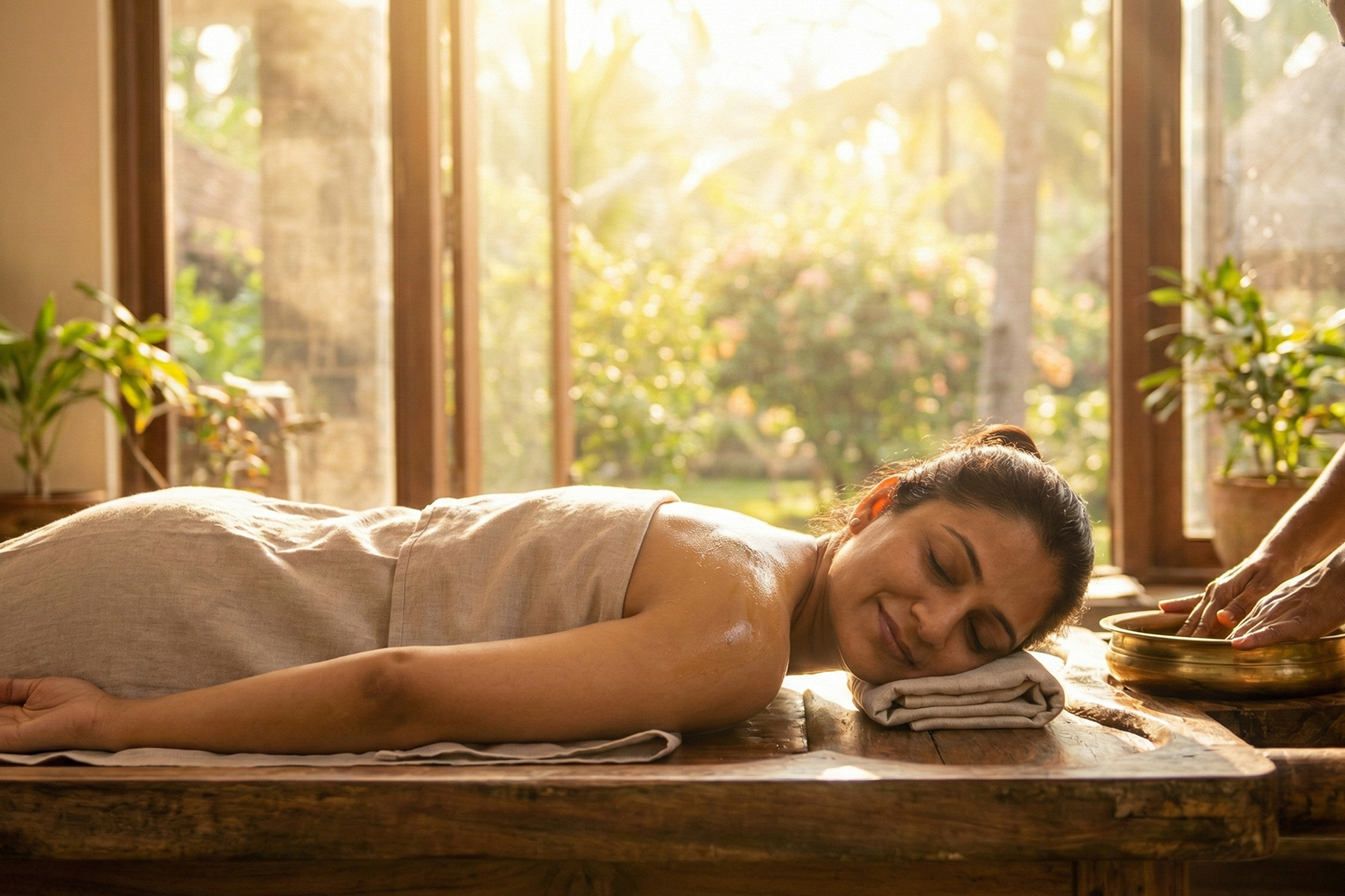1 Indian woman receiving ayurvedic oil massage in sunlight with natural wellness setting