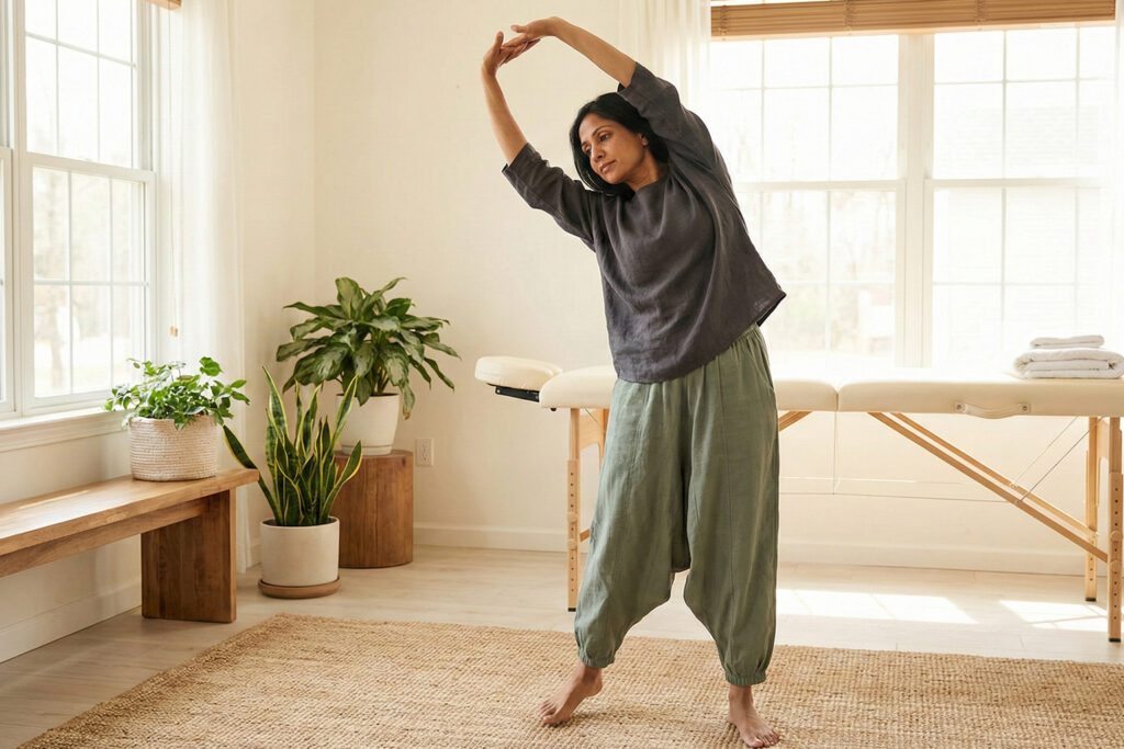 Indian woman doing gentle stretching before massage to activate lymphatic system
