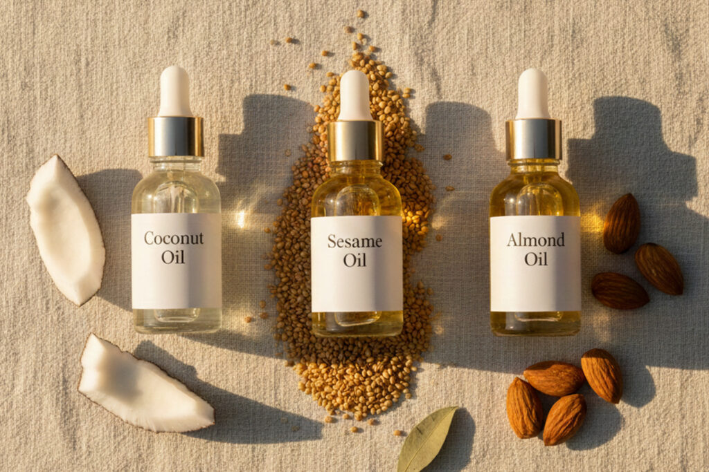 Seasonal ayurvedic massage oils - coconut sesame almond for Indian climate