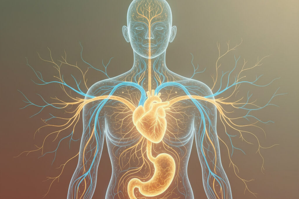 Mind-body connection illustration showing brain nervous system and digestive system demonstrating how mindsets affect physiology and metabolism