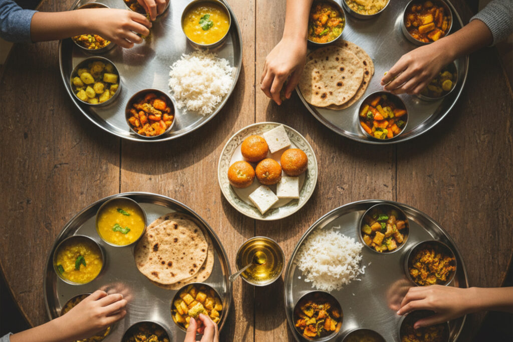 Indian family meal with thali plates showing healthy vegetables and indulgent sweets like laddoo and barfi demonstrating guilt-free eating mindset