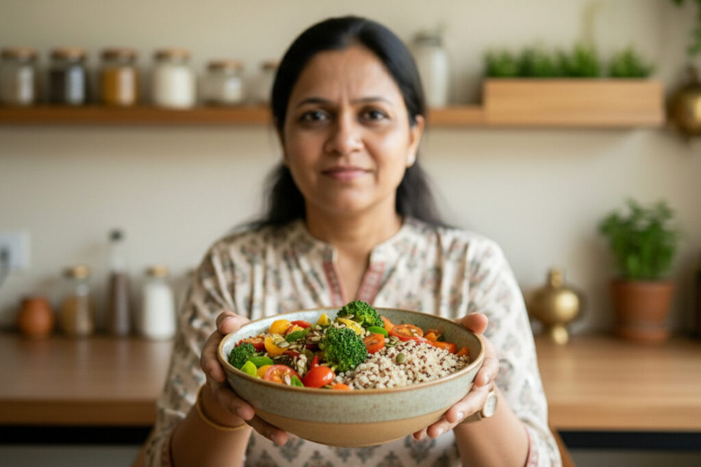 Indian woman holding bowl of healthy vegetables and grains demonstrating mindful eating and nourishment mindset for better metabolism