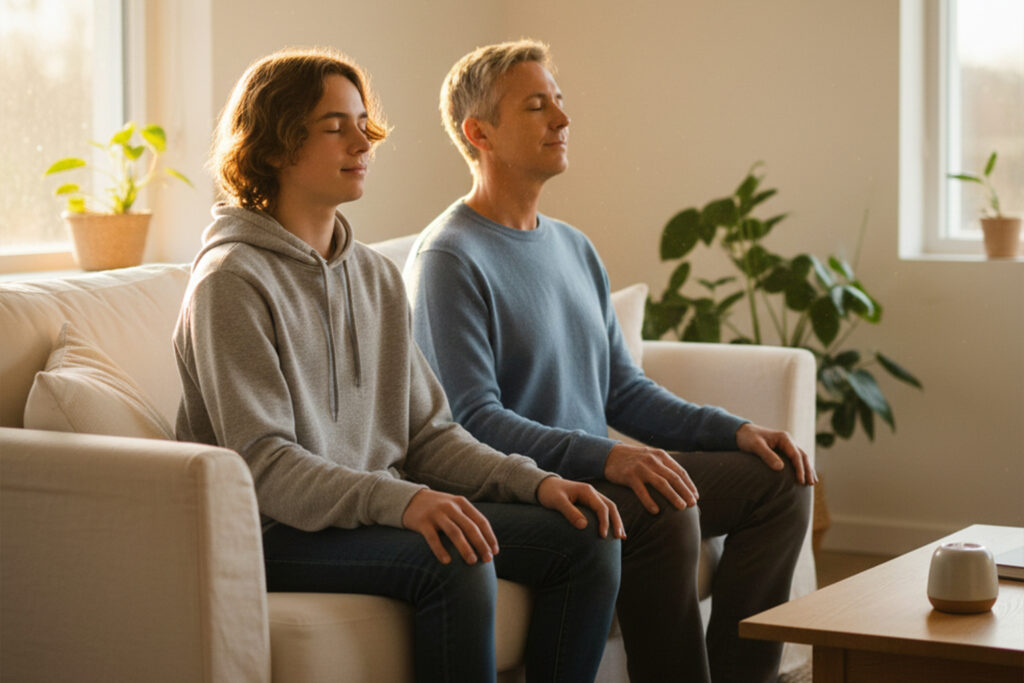 Teen and parent doing mindfulness breathing exercise from The Amazing Generation book - practical tool to rebuild focus damaged by smartphone use