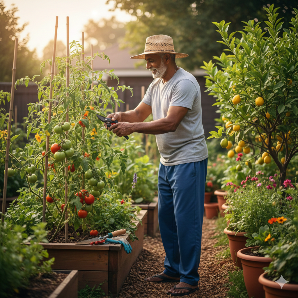 Elderly Indian man actively gardening demonstrating daily tasks as exercise and aging with vitality and capability