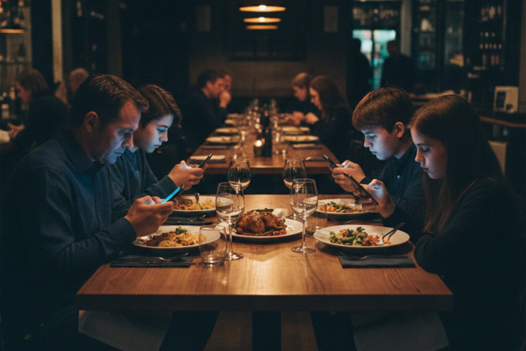 Family smartphone addiction at dinner - parents and teenagers all looking at phones instead of talking, illustrating teen mental health crisis