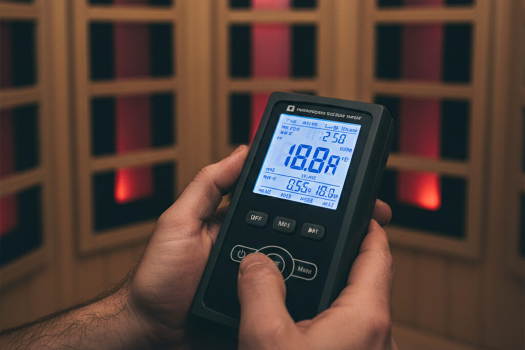 Testing EMF exposure in infrared sauna with electromagnetic field meter - health safety concerns in budget sauna models
