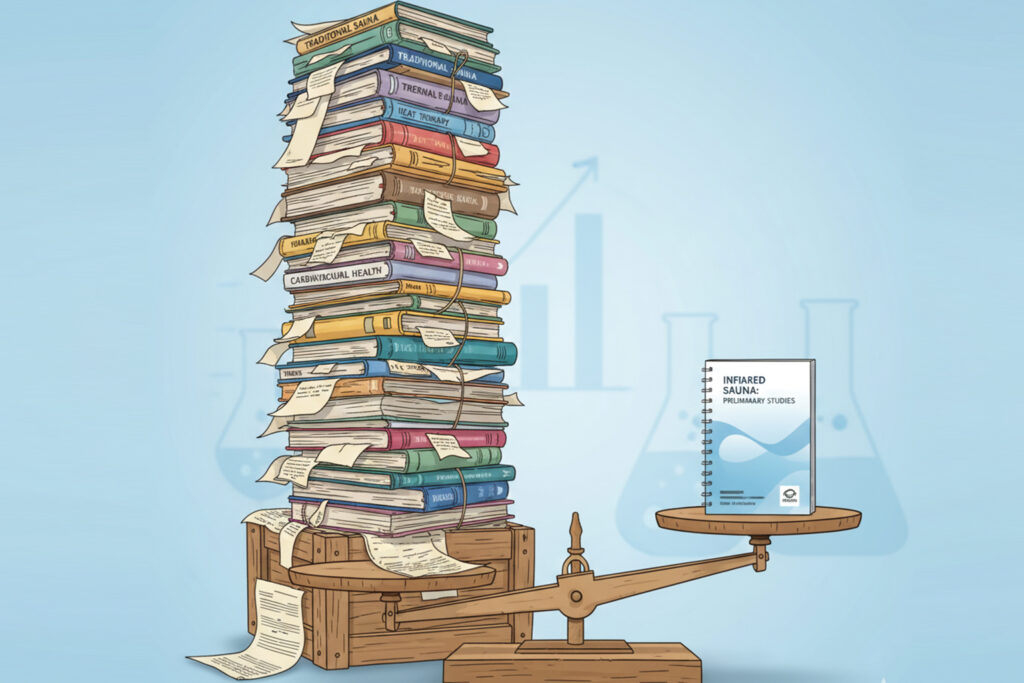 How much research exists on traditional vs infrared saunas - visual metaphor showing evidence quality difference