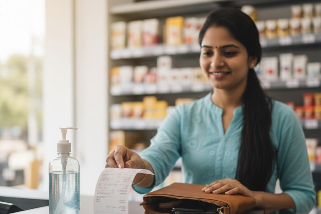 - Indian woman handling thermal receipt at store counter next to hand sanitiser bottle — sanitiser increases BPA absorption from receipts by up to 185 times