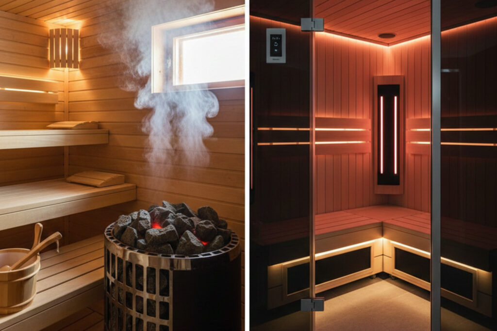 Traditional Finnish sauna with heated stones and steam compared to modern infrared sauna with electric heating panels - side by side comparison