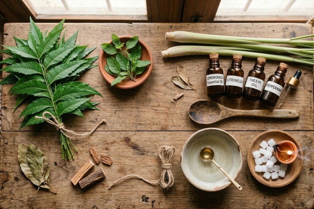 2. natural mosquito repellent ingredients including neem leaves, tulsi, lemongrass and essential oils