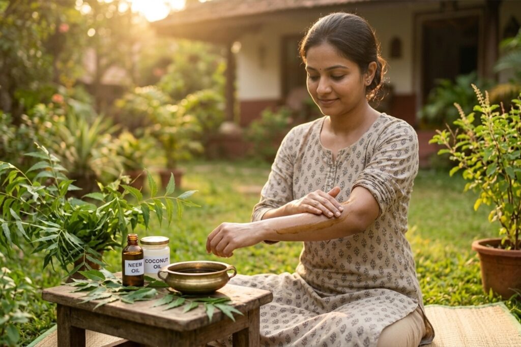 woman applying neem oil and coconut oil as natural mosquito repellent