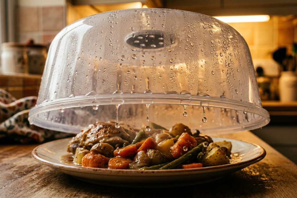 Plastic microwave cover with condensation droplets dripping chemical residues back into heated food