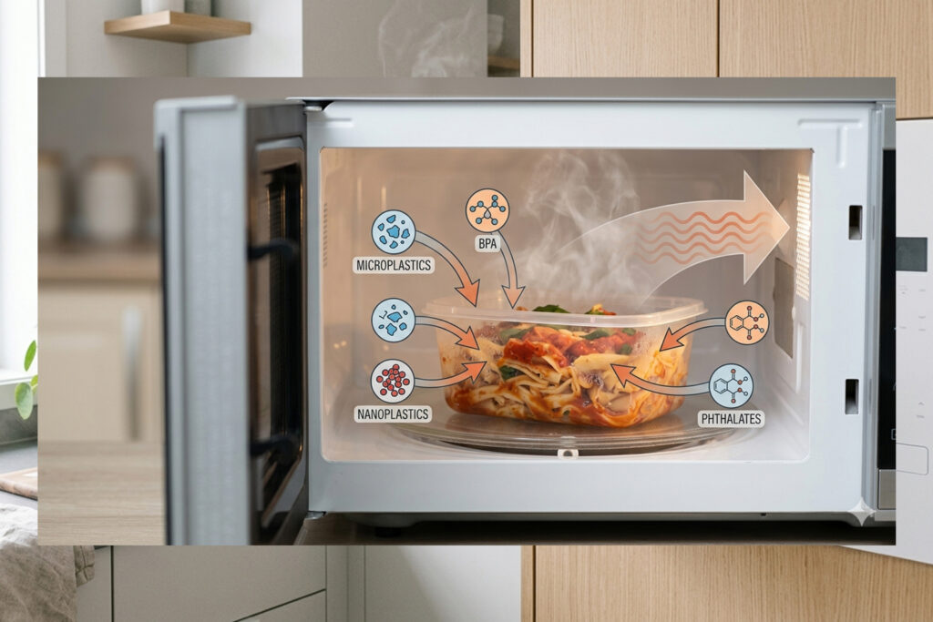 Illustration showing microplastics nanoplastics BPA and phthalates leaching into food when plastic is heated