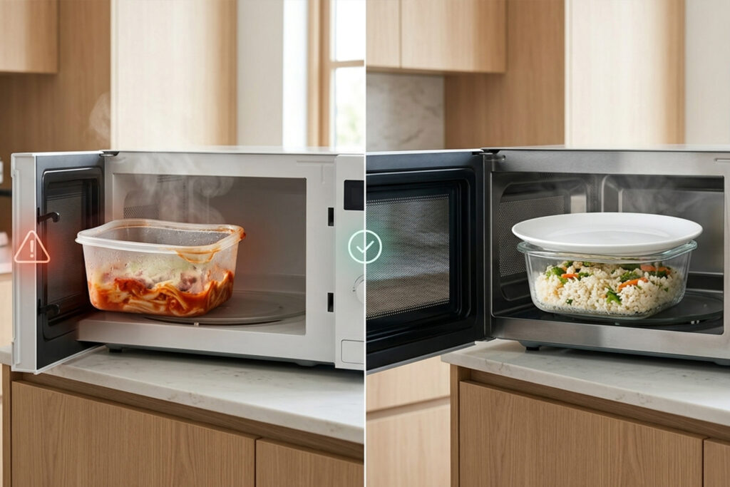 Side-by-side comparison showing plastic container with food steaming in microwave marked with a warning sign on the left, versus a glass bowl covered with a ceramic plate in microwave marked with a checkmark on the right, illustrating safer food heating alternatives