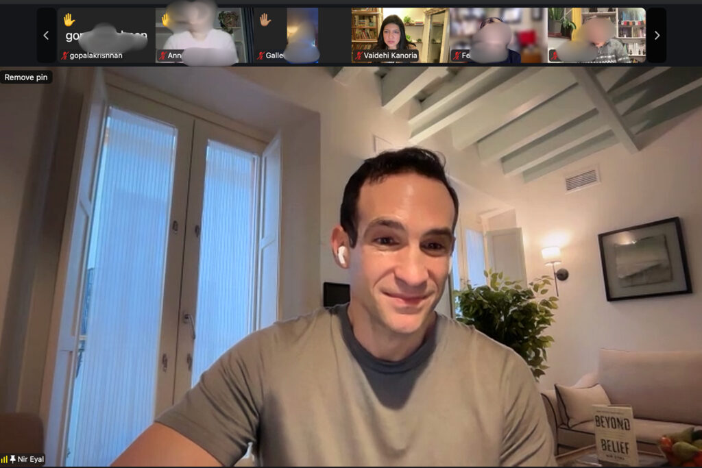 Author Nir Eyal speaking in a pre-launch Beyond Belief book club session with Vaidehi Kanoria attending the live online discussion