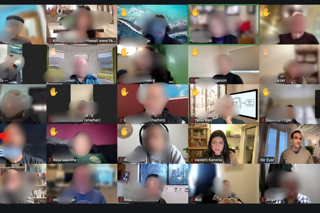 Live Zoom-style Beyond Belief book club event with Nir Eyal and attendees discussing procrastination, mindset, and healthier habits