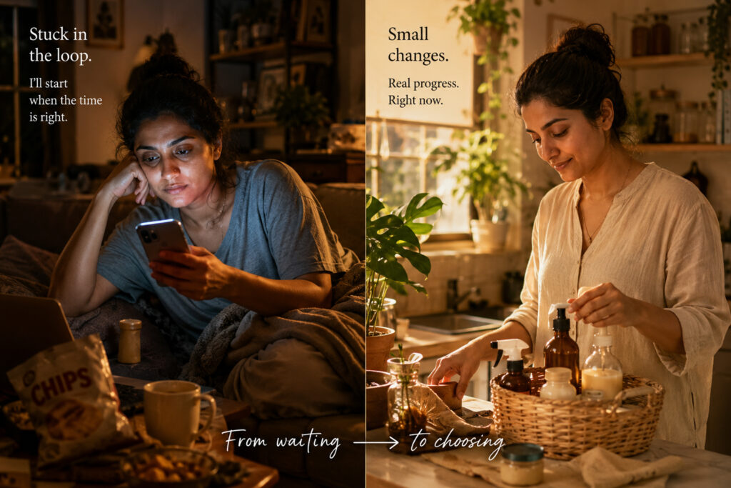 Indian woman overcoming procrastination and starting low-tox living habits at home, split-screen transformation concept