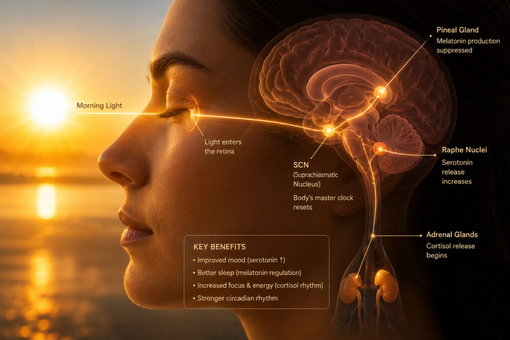 Close-up medical illustration of morning light triggering circadian rhythm and serotonin through the eyes and brain